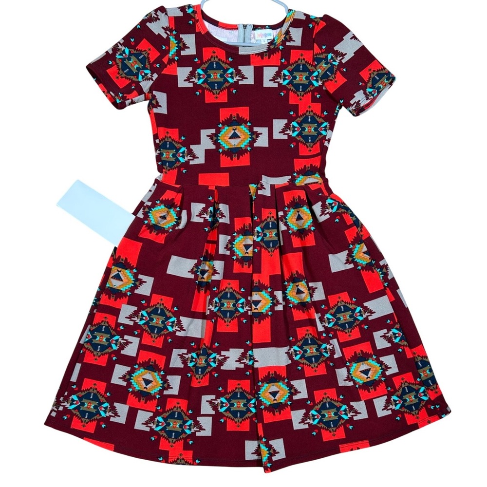 LuLaRoe Nicole Dress Womens Burgundy Southwestern Geometric Tribal Print Small